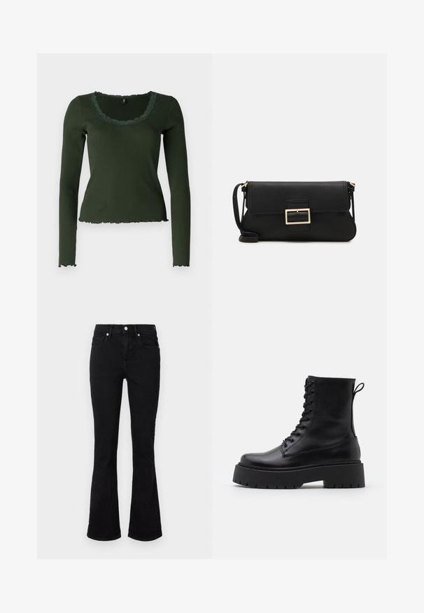 Langsleeve, olijfgroene geribbelde top met een gegolfde halslijn en zoom. Heeft kantdetails rond de halslijn voor extra textuur.; Zwarte flared jeans van denim, met een middelhoge taille, voorzakken en knoopsluiting. Soepele textuur met minimale stikdetails.; Zwarte leren enkelboots met een ronde neus, vetersluiting aan de voorkant en een dikke rubberen zool met een gestructureerd profiel. Trekbandje aan de achterkant.; Zwarte leren clutch met een klep en een gouden metalen sluiting. Inclusief een zwarte schouderband en een slank, minimalistisch ontwerp.; Gouden oorringen, dun en rond van vorm, met een gladde metallic afwerking en zonder versieringen of patronen.
