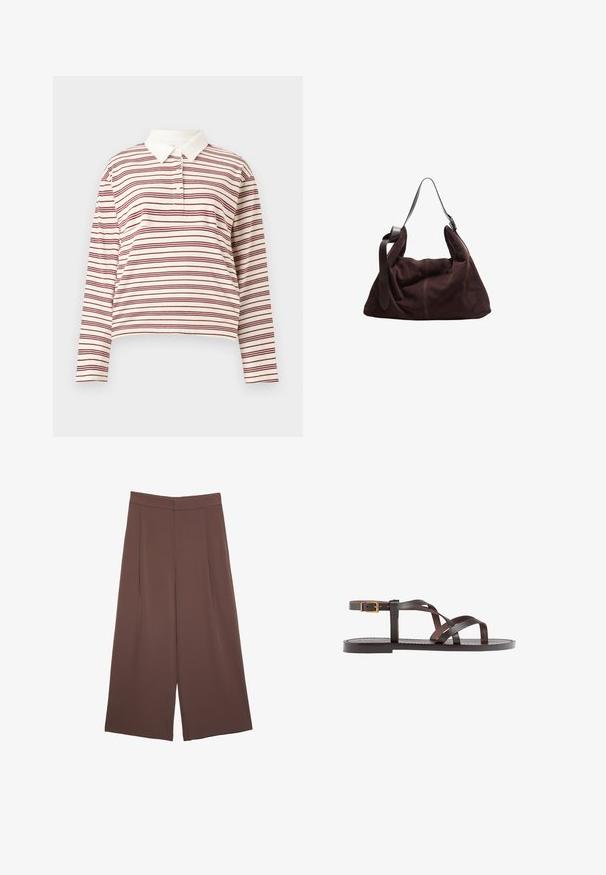 Polo majica dugih rukava u krem boji s tankim bordo prugama, s klasičnom ovratnikom i tri gumba, izrađena od mekog materijala.; Smeđe hlače širokog kroja s glatkom teksturom, koje imaju visok struk i nabore sprijeda. Tkanina je lagana i slobodno se kreće.; Smeđe kožne sandale s iskrižanim trakama, umetkom za zapešće s kopčanjem i ravnim potplatom s minimalnim detaljima šivanja.; Tamnosmeđa zamština hobo torba za rame s širokim podešavajućim kožnim remenom i mekim, opuštenim oblikom na bijeloj pozadini.