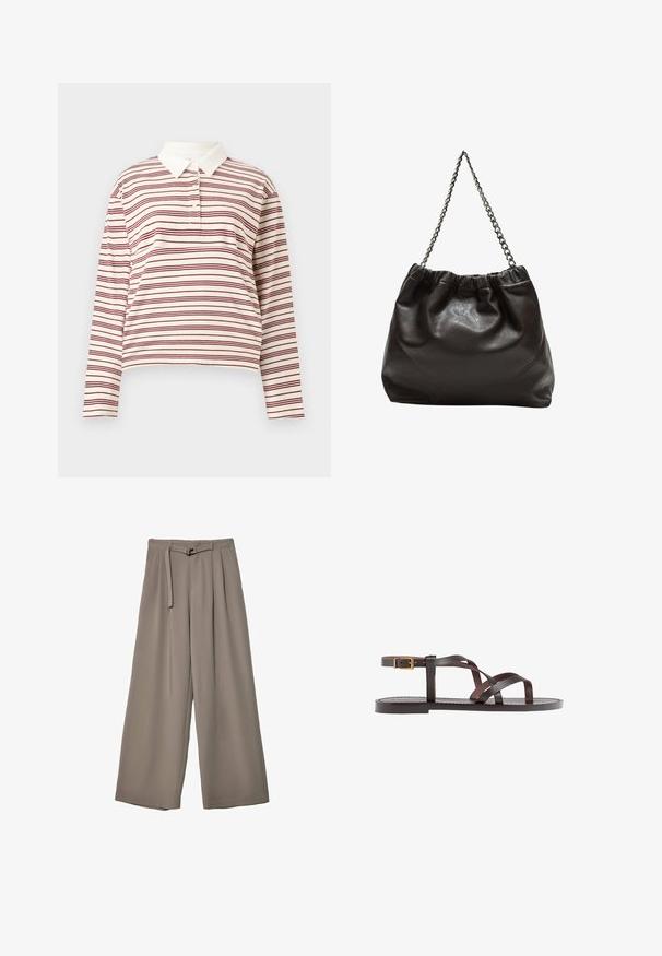 Krémová polo košile s dlouhým rukávem a tenkými maroon pruhy, s klasickým límcem a patkou na tři knoflíky, vyrobená z měkké látky.; Kalhoty s širokými nohavicemi v měkké, tlumené šedé látce, s páskem v pase a sklady pro přidaný designový detail. Hladká textura, bez vzorů.; Hnědé kožené sandály s kříženými pásky, uzavřením na přezku u kotníku a plochou podrážkou s minimem švů.; Hnědá kožená taška se sbíraným vrškem a řetízkovým popruhem. Hladký povrch s lesklým finišem a jemným švem na bocích.