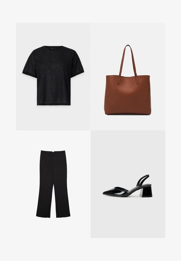 T-shirt nera a maniche corte con una vestibilità rilassata, caratterizzata da una texture liscia e un collo a giro. Tessuto leggero con una leggera lucentezza.; Pantaloni neri a gamba dritta, con tasche frontali e spacchi laterali all'orlo. Realizzati in tessuto morbido e liscio. Adatti a diverse occasioni.; Décolleté in vernice nera con punta affusolata e tacco in geometria cubica. Presentano un design elegante e minimalista, con una texture liscia.; Borsa tote in pelle marrone con texture liscia, design con apertura superiore e due spallacci. Presenta cuciture minime e nessun hardware visibile.