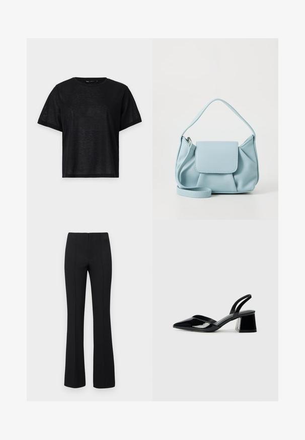 Melnas īsā piedurkņu T-kreklis ar brīvu piegriezumu, ar gludu tekstūru un apaļu kakla izgriezumu. Viegls audums ar smalku spīdumu.; Melnas flared bikses ar ribotu tekstūru un pieguļošu vidukli. Dizainā ir vertikālas šuves, lai radītu plūdenu izskatu. Nav redzamu aprīkojumu.; Melna lakota āda ar atvērto papēdi, ar smailu purngalu un ģeometrisku blokpapēdi. Iezīmējas elegants, minimāls dizains un gluda tekstūra.; Gaiši zila ādas rokassoma ar augšējo rokturi, priekšējo vāku kabatu un noņemamu roku siksniņu uz baltas fona.