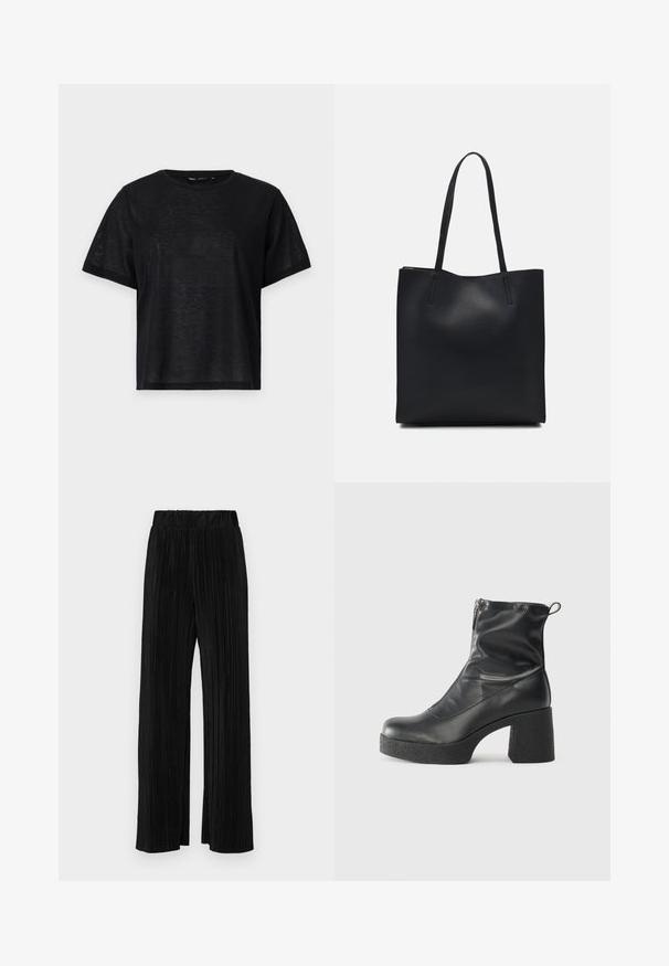 Black short-sleeve t-shirt with a relaxed fit, featuring a smooth texture and a crew neckline. Lightweight fabric with a subtle sheen.; Black pleated trousers with an elastic waistband. Features wide legs and a smooth, textured fabric with vertical stripes.; Black ankle boots made of smooth leather, featuring a side zipper, chunky textured heel, and rounded toe design.; Black leather tote bag with smooth texture, rectangular shape, and two long handles. No visible hardware or embellishments.
