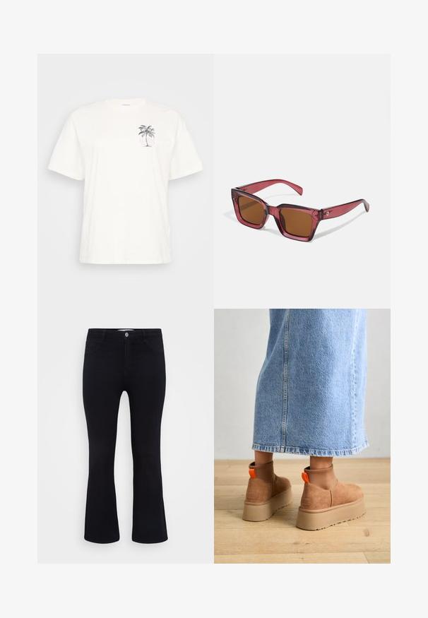 Valkoinen puuvillainen t-paita lyhyillä hihoilla, jossa on palmun kuva ja teksti "ALOHA" violetilla vasemmassa rinnassa.; ONLY Carmakoma CARTHUNDER PUSH UP - Flared-farkut - black denim; Ruske mokasine z platformo in elastiko na straneh ter oranžnimi zategovalnimi trakovi, v kombinaciji z osnovno dolžino svetle denim krila na lesenem podu.; Punaiset neliönmuotoiset aurinkolasit ruskeilla linsseillä. Valmistettu läpinäkyvästä muovista. Ominaisuuksia korostava kulmikas muotoilu ja hillitty brändäys temppeleissä.