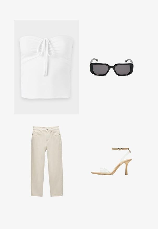 Bílý top bez ramínek se skládáním vpředu, má stahovací šňůrku uprostřed, vyrobený z hladkého, elastického materiálu.; Bílé džínové kalhoty s uvolněným střihem, rovné nohavice, pět kapes a kovové detaily s jemnou texturou.; Průhledná sandálová obuv s průhledným svrškem, béžovou stélkou a štíhlým páskem kolem kotníku. Má špičatou špičku a tenký vysoký podpatek.; Černé obdélníkové sluneční brýle s tmavými skly, hladkým plastovým rámem a zakřivenými stranicemi. Design je robustní s minimalistickou estetikou.; Bílá kožená taška s pevnou konstrukcí, vybavená horní rukojetí a zlatým uzávěrem. Hladká textura a minimalistické detaily.
