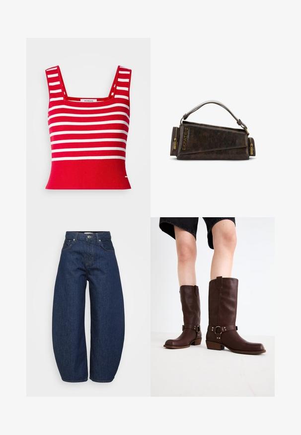 Cropped top rosso lavorato a maglia con strisce orizzontali bianche. Presenta un collo quadrato e una texture a coste. Etichetta posizionata al centro.; Jeans in denim blu scuro a vita alta con gambe larghe, chiusura frontale con bottone e zip, e design classico a cinque tasche.; Stivali marroni in pelle al ginocchio con punta rotonda, superficie testurizzata, cinturino alla caviglia e dettagli in metallo argentato; tacco impilato.; Borsa a mano in pelle marrone con un design geometrico, caratterizzata da un manico superiore e dettagli in ottone sulla cerniera. Logo stampato a caldo sul lato.; Orecchino a cerchio in argento con finitura lucida, caratterizzato da piccoli dettagli in oro e una forma tondeggiante, indossato sul lobo.