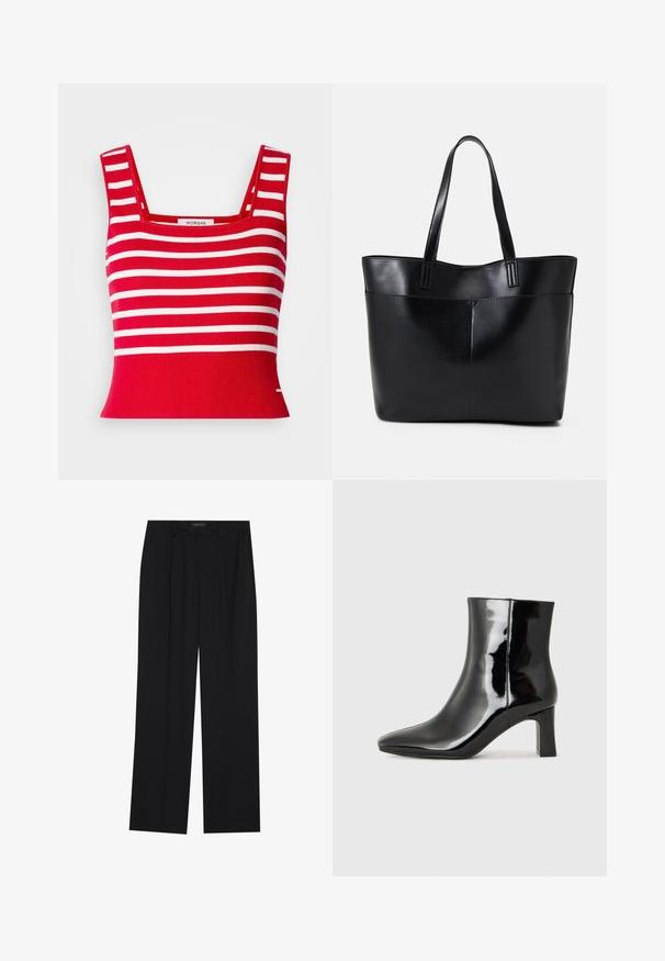 Top corto de punto rojo con rayas horizontales blancas. Presenta un escote cuadrado y una textura acanalada. Etiqueta situada en el centro.; Pantalones negros con un diseño de pierna recta, que cuentan con dos bolsillos frontales y una cinturilla. Fabricados con una tela suave y ligera.; Botín de charol negro con punta afilada y un tacón de bloque de altura media. Textura suave y diseño minimalista.; Bolso tote de cuero negro con dos asas largas, textura suave y forma estructurada. Cuenta con un bolsillo frontal para almacenamiento adicional.