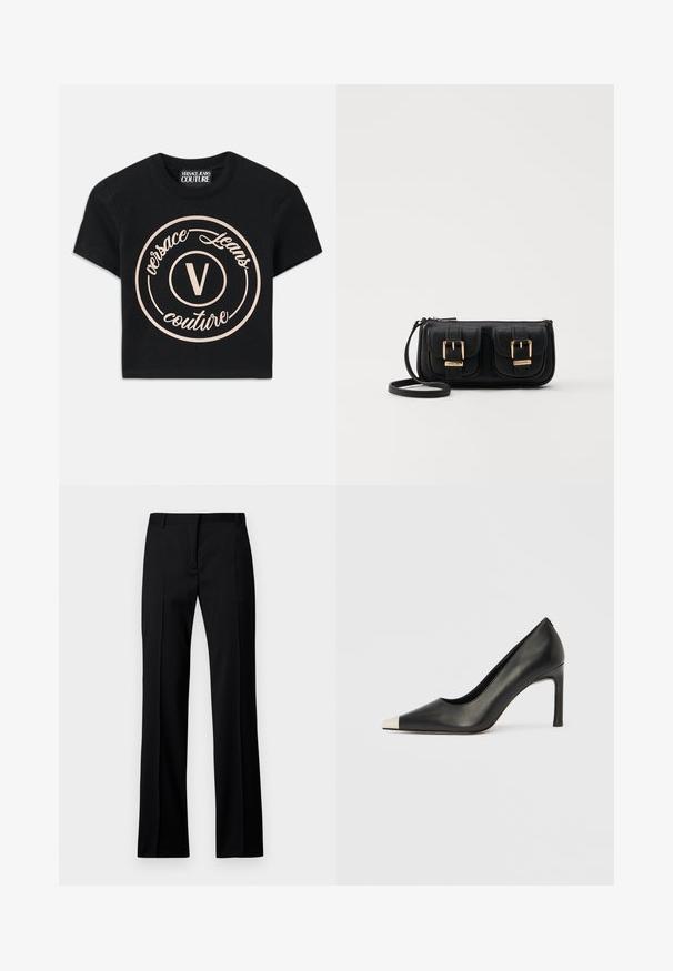 Svart bomull t-skjorte med en stor beige sirkulær logo med "Versace Jeans Couture" og et sentralt "V" i en elegant skrifttype. Korte ermer.; Svarte rettloved bukser i glatt stoff, med flat front, beltefester og ingen synlige lommer eller utsmykninger.; Svart lærsko med høye hæler, spiss tå og metallisk sølvhette. Har en glatt finish og en slank hæl på 10 cm.; Svart skinn crossbody veske med to frontlommer, gyldne spenner, glidelåslukking og en slank stropp. Teksturert overflate og kompakt rektangulær form.