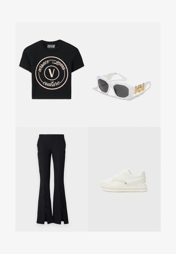 T-shirt preta de algodão com um grande logotipo circular bege, onde se lê "Versace Jeans Couture" e um "V" central em uma fonte elegante. Mangas curtas.; Calças pretas de corte amplo feitas de um tecido liso, apresentando fendas na bainha atadas com laços para um detalhe adicional.; Sapatilhas brancas com uma mistura de materiais lisos e texturizados, apresentando um logótipo subtil, um design de atacadores e uma sola em ziguezague.; Óculos de sol brancos em forma octogonal com lentes escuras. Apresentam detalhes em dourado e um design texturizado nas hastes.