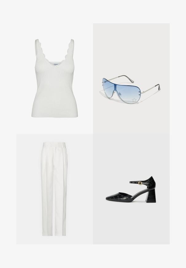 Bílý žebrovaný top bez rukávů s výstřihem do V a vlnitými okraji. Vyroben z měkkého materiálu, má široké ramínka a přiléhavý střih.; Bílé pruhované kalhoty s rovným střihem, vyrobené z lehkého materiálu. Obsahují záhyby v přední části a tradiční pas.; Černá laková kožená lodička na vysokém podpatku s špičatou špičkou, kotníkovým páskem a texturovaným krokodýlím vzorem. Design čtvercového bloku podpatku.; Pilotské sluneční brýle s modrými gradientními skly, stříbrným kovovým rámem a dekorativními hvězdnými akcenty na sklech. Hladký a elegantní design.