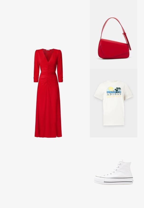 T-shirt de algodão branco com um design gráfico apresentando um sol, palmeiras e água. "ADIDAS Sports Club" impresso em verde e amarelo.; Vestido vermelho com decote em V, mangas até o cotovelo e detalhes drapeados na cintura e nas costas. O tecido parece suave e leve.; Sapatilha alta de tela branca com sola de borracha preta, bico de borracha na frente e seis ilhós para os atacadores, apresentando um design limpo e minimalista.; Bolsa de mão em couro vermelho com um design angular e geométrico. Apresenta uma única alça ajustável e um fecho com aba, com detalhes cosidos.
