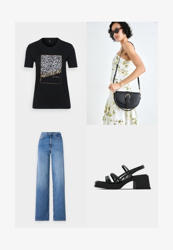 Black cotton t-shirt featuring a leopard print design and gold text reading "femmes FUTURE" within a rectangular frame.; Light blue wide-leg jeans made of denim, featuring a high waist, front pockets, and a standard button closure. Smooth texture.; Black heeled sandals with multiple thin straps and a wide block heel. Sleek design with a matte texture. Footbed has a slight curve.; Black leather handbag with a curved shape, detachable strap, and gold hardware. The bag features a flap with a buckle detail.