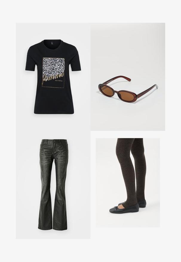 Tricou din bumbac negru, cu un design cu imprimeu de leopard și text auriu care scrie "femmes FUTURE" într-un cadru rectangular.; Jeans din piele ecologică negri, cu buzunare frontale, închidere cu buton metalic și o suprafață ușor texturată. Croială dreaptă cu tăiere lungă.; Pantofi negri cu un detaliu mic de fundiță la vârf, asortați cu colanți maro închis, cu textură ondulată. Pantofii au o textură netedă și un profil joase.; Ochelari de soare rotunzi, cu nuanțe de brown și cu un cadru lucios de burgund. Brațe subțiri cu detalii subtile de branding. Design cu lentile plate.; Geantă dintr-un material moale de culoare burgundă, cu un design plisat și o curea lungă, purtată pe umăr. Modelul poartă un top alb scurt și blugi negri.