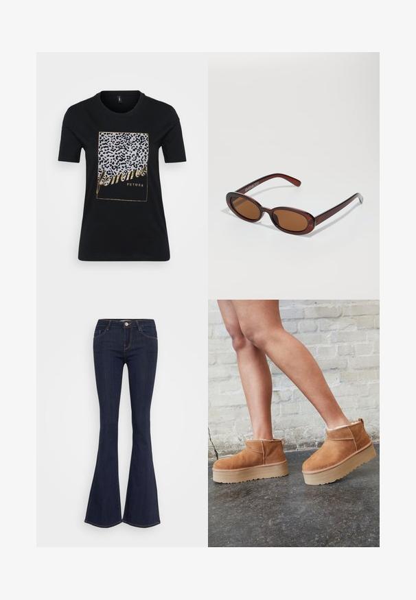 Black cotton t-shirt featuring a leopard print design and gold text reading "femmes FUTURE" within a rectangular frame.; Dark denim flared jeans with a fitted waist, featuring a front button closure, five-pocket design, and seam detailing along the legs.; Brown suede ankle boots with a plush lining, thick beige platform sole, and a rear pull tab. Textured surface with visible stitching details.; Round, brown-tinted sunglasses with a glossy burgundy frame. Slim arms with subtle branding detail. Flat lens design.