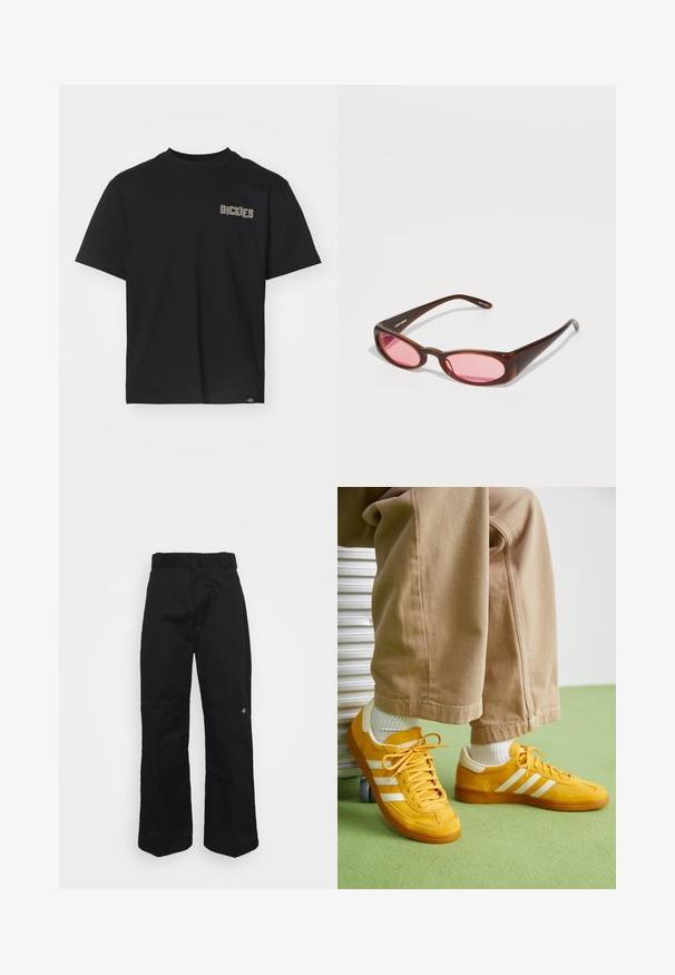 Svart bomull T-skjorte med korte ermer og rund hals. Har hvit brodert "DICKIES" logo på venstre bryst. Normal passform.; Sorte vide bukser med en glat tekstur, der har et almindeligt taljebånd og et lille broderet logo nær højre ben.; Gule suede sneakers med hvite striper, med gummisåle, tekstilsnøring og polstret krage, kombinert med beige bomullsbukser.; Brune-tonede solbriller med en slank, forlængt oval form. Indfatningen er lavet af blank plast; linserne er lyserøde med en subtil kurve.