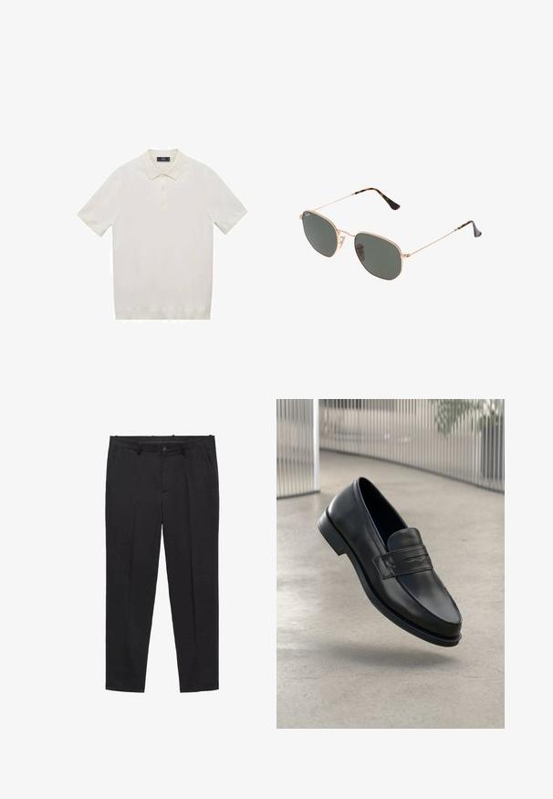 Mango Polokošeľa - off-white; Čierne prispôsobené nohavice zo hladkej tkaniny, s plochým predkom, pútkami na opasok a bočnými vreckami. Nohavice rovného strihu.; Čierna kožená mokasína s hladkou textúrou, špicatou špičkou a ozdobným remienkom cez priehlavok. Ľahká podrážka, minimalistický dizajn.; Zlaté slnečné okuliare s kovovým rámom a tmavozelenými šošovkami v aviator štýle, s úzkymi ramenami a mramorovými akcentami na koncoch.