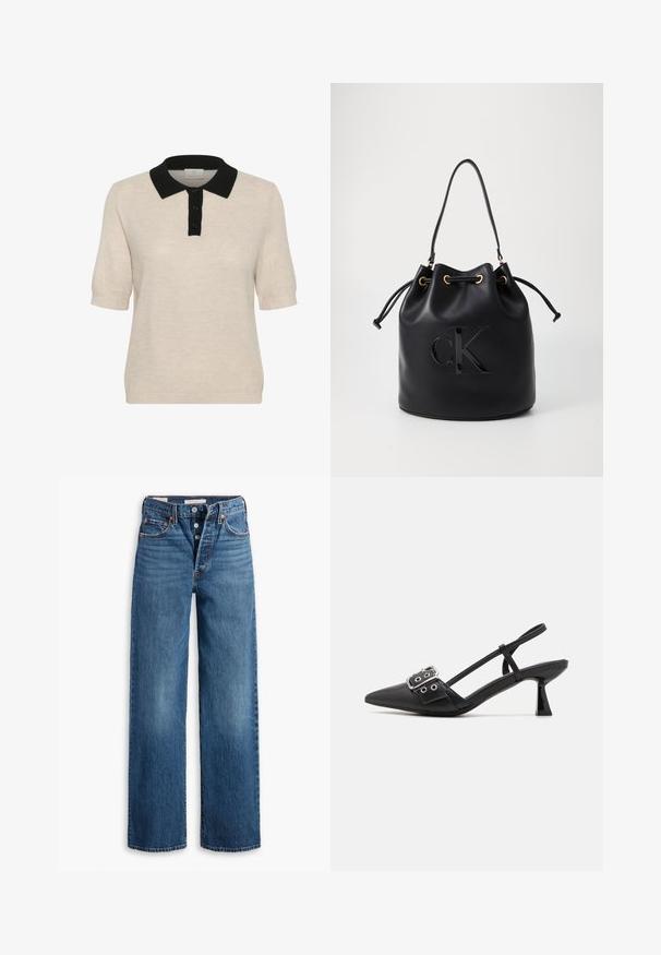 Beige short-sleeve polo sweater with a black collar, featuring a buttoned front and textured knit pattern.; Blue denim jeans with a wide-leg design, five pockets, button fly, and contrasting stitching. Textured fabric with a faded finish.; Simmi London DALA - Classic heels - black; Black leather bucket bag with drawstring closure, featuring a glossy "CK" logo on the front and gold-tone hardware accents.