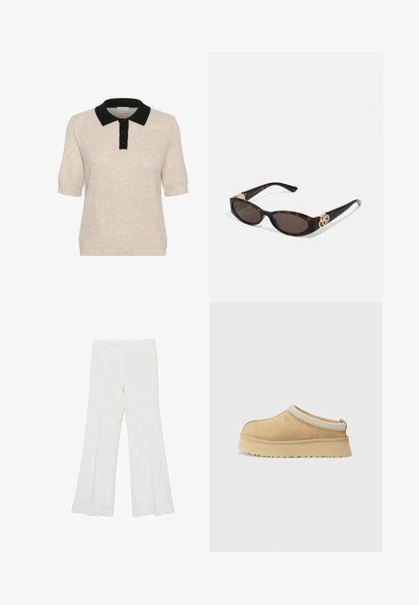 Beige lyhythihainen polo-neule, jossa on musta kaulus, napitettu etuosa ja teksturoitu neulekuvio.; Valkoiset leveälahkeiset housut, joissa on sileä pinta ja selkeät linjat, keski-korkea vyötärö ja ei näkyvää varustusta tai kuvioita.; Vaaleanruskeat mokka-slip-on-kengät, joissa on pehmustettu kaulus ja teksturoitu vaaleansininen yksityiskohta. Ominaisuuksiin kuuluu paksu, kestävä pohja, jossa on kuvioitu kulutuspinta.; Silmärilakkiset tortoiseshell-aurinkolasit, joissa on pitkänomaiset ovaalit linssit, ruskea sävy, kultaiset logo-koristeet temppeleissä ja sulavalinjaiset mustat varret.; Ruskea nahkalaukku, jossa on kaksi tukevasti kantavaa kahvaa, suorakaiteen muotoinen, sileä pinta ja vetoketjukiinnitys. Minimalistinen muotoilu ilman näkyviä kuvioita.