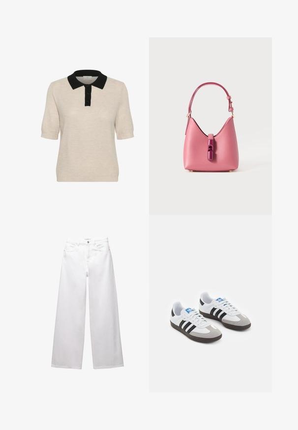 Bežna polo majica s kratkimi rokavi in črnim ovratnikom, z gumbnim zapiranjem spredaj in teksturiranim pletenjem.; Bele široke jeans hlače iz denima. Imajo gumbasto zapiranje, sprednje in zadnje žepe ter šivane šive. Gladka tekstura z minimalnimi detajli.; Športni čevlji z belim usnjenim zgornjim delom, sivim semišem na prstih in tremi črnimi črtami. Imajo modro logo na jeziku in teksturiran gumijast podplat.; Roza usnjena torbica z strukturirano obliko, ki ima sijoč zapirni mehanizem in en sam nastavljiv ročaj. Teksturna površina z zlatimi dodatki.