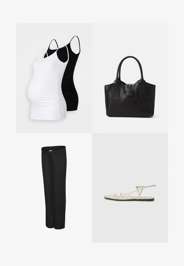 Dva materinska topa brez rokavov v beli in črni barvi. Obe imata nastavljive naramnice, prilegajoč dizajn in zbrane strani za dodatno udobje.; Črne, rebraste hlače širokega kroja z elastičnim pasom. Mehak material, polna dolžina in brez vidnih dodatkov ali okrasov.; Beige ravne sandale z več tankimi trakovi in nastavljivim zaponcem. Podplat je raven z rahlo temnim kontrastom na robu.; Črna usnjena torba s gladko teksturo, strukturirano obliko, dvema ročkama in izrazitim srebrnim sponko na sprednji strani.