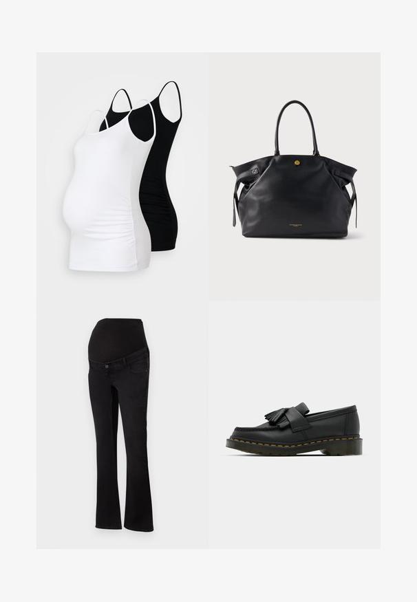 Két kismamaruha tank top, fehér és fekete színben. Mindkettő állítható pántokkal, testhezálló kialakítással és ráncolt oldalakkal rendelkezik a kényelem érdekében.; Fekete farmer anyanadrág, rugalmas, a pocak felett viselhető derékkal, pedig csípőn és combon szoros, a szár végén pedig szélesedik.; Fekete bőr loaferek, lekerekített orral, frufru részlettel és díszes pánttal az elején, vastag sarokra szerelve.; Fekete bőr tote táska texturált felülettel, arany színű fémrészekkel és két lekerekített fogantyúval. Biztonságos záródással és letisztult márkajelzéssel rendelkezik.