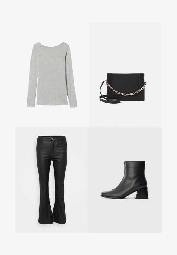Lange mouw shirt in lichtgrijs katoen, met een brede halslijn en een gladde, zachte textuur zonder zichtbare patronen of accenten.; Zwarte flared broek met een glanzende, lederen uitstraling, voorzien van voorzakken, een knoopsluiting en zijsplitten aan de zoom.; Zwarte leren enkellaars met vierkante neus, zijrits en blokhak tegen een effen lichte achtergrond.; Zwarte leren schoudertas met een gladde textuur, rechthoekige vorm en een metallic kettingdetail aan de voorkant. Verstelbare schouderband inbegrepen.