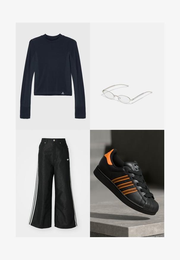 Tumesinine pikkade varrukatega topp ribastruktuuris, millel on punktiskeemid varrukatel ja kõrge kaelus. Brändi logo alumises vasakus nurgas.; Mustad mustadeline denimipüksid, millel on kummalgi küljel kolm valget triipu ja väike valge logo. Omab esikotte ja nööbiga kinnihoidmist.; Mustad mustad mustad oranzhides üksikasjad, kolm horisontaalset triipu, tekstureeritud nahk pealisosa, kummist varbaosa ja mustad paelad.; Ovaalsed prillid metallisel hõbedasel raamile, selged läätsed ja tekstuuriga helmedega tempelaktsentidega. Kerge konstruktsioon kaarjate kätega.