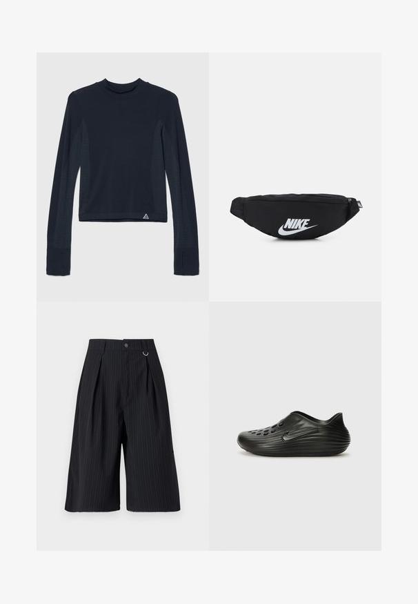 Duga rukava tamnoplavi top od rebrastog materijala, s točkastim naglaskom duž rukava i visokim ovratnikom. Logo marke na donjem lijevom dijelu.; Crne prugaste šorts hlače s plisiranim detaljima, kopčanjem na dugme i metalnim prstenastim akcentom. Glatka tkanina s krojenim izrezom i dizajnom do koljena.; Crne klompe bez petne strane napravljene od glatke plastike s rebrastim dizajnom, perforiranim rupama na gornjem dijelu i suptilnim logotipom sa strane.; Crni najlon fanny pack sa zatvaranjem na zip, s velikim bijelim Nike logotipom. Glatka tekstura i ergonomski dizajn za udobno nošenje.