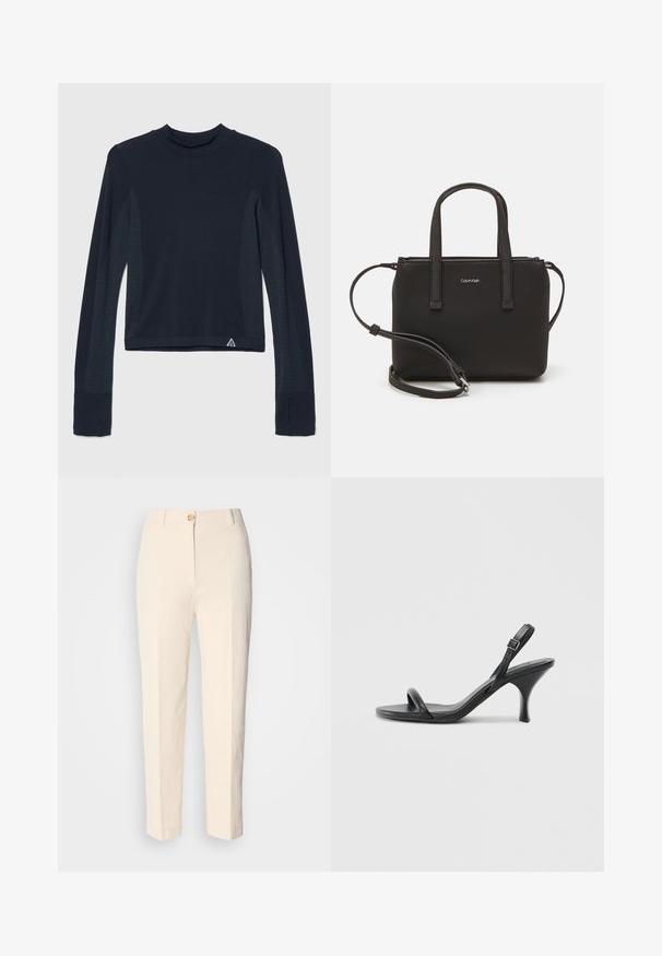 Ilgų rankovių tamsiai mėlynas megztinis su raštuotu tekstūru, su taškeliais palei rankoves ir aukštu apykakle. Prekės ženklas kairėje apačioje.; Kreminės spalvos, aukštu liemeniu kelnės, pagamintos iš tekstūruoto audinio. Turi priekinį mygtuko užsegimą ir siaurėjantį kirpimą.; Juodos odinės aukštakulnės šlepetės su plonu, kreiviu kulnu ir kryžminiu dirželio dizainu. Reguliuojamas kulkšnies dirželis. Lygus paviršius.; Juoda rankinė su dviem trumpais rankenėlėmis ir nuimamu petį. Lygaus odos tipo medžiaga su užtrauktuku ir logotipo detale.