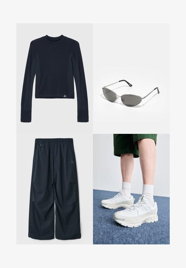 Tumesinine pikkade varrukatega topp ribastruktuuris, millel on punktiskeemid varrukatel ja kõrge kaelus. Brändi logo alumises vasakus nurgas.; Tumed sinised, laiad püksid elastse vöökohtaga, kahe küljetaskuga ja väikese kolmnurkse logoga vasakul küljel. Sile tekstuur.; Valged sportsijalatsid tekstuursete pealsete, kopsaka tallaga ja hallide aktsentidega. Kanda valgete lühikeste sokkidega ja roheliste lühikeste pükstega sinisel pinnal.; Prillispid prillid, millel on peen hõbedane metallraam, hallid toonitud läätsed ja aerodünaamiline disain, millel on teravad servad ja õhukesed varred.