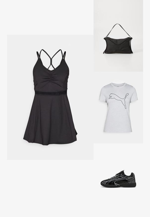 Camiseta de manga corta color gris claro hecha de algodón, que presenta un contorno negro de un logo de puma saltando centrado en el pecho.; Vestido negro con tirantes finos ajustables y espalda cruzada. Presenta un cuerpo entallado y falda acampanada, elaborado con tejido suave.; Zapatilla deportiva negra con un diseño elegante, que presenta un acabado brillante, acentos blancos, paneles de malla para transpirabilidad y una correa de velcro.; Bolso negro con un material suave y texturizado. Presenta un diseño ondulado, una correa para el hombro y un sutil detalle del logo en la parte frontal.