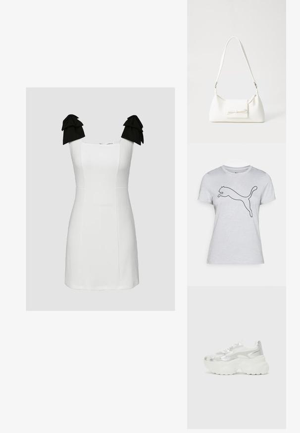 Vaalea harmaa lyhythihainen t-paita, joka on valmistettu puuvillasta. Paidassa on musta hahmotelma hyppivästä puumasta, joka on sijoitettu keskelle rintaa.; Valkoinen lyhyt mekko, jossa on nelikulmainen pääntie, teksturoitu kangas ja mustat röyhelökoristeet olkaimissa. Muotoiltu malli, jossa on puhtaat linjat.; Hopeat lenkkarit, joissa on teksturoitu verkkopinta ja hohtavat yksityiskohdat, chunky valkoinen pohja ja nauhakiinnitys.; Valkoinen synteettinen käsilaukku, jossa on kolmikulmainen muoto, tasainen etu läppä ja nauhadetail, säädettävä olkahihna, sileä rakenne ja minimalinen muotoilu.