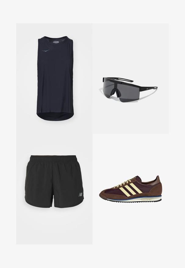 Navy athletic tank top with a rounded hem, made of lightweight, breathable fabric; features a reflective logo on the chest.; Black athletic shorts with an elastic waistband, made of lightweight fabric. Features a small gray logo on the lower right side.; Brown and burgundy sneaker with suede and mesh materials, featuring three cream stripes, textured fabric on the tongue, and a rubber sole.; Black oversized sunglasses with a sturdy plastic frame, wraparound design, and dark lenses featuring a nose bridge and minimal side accents.