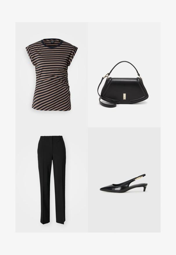 Tricou cu dungi în nuanțe de bej și bleumarin, având un guler rotund, mâneci scurte și un detaliu pliat pe lateral. Fabricat dintr-un material moale și elastic.; Pantaloni negri tailor-ed cu un design drept, având o textură fină și cute clare pe față. Fără elemente de prindere vizibile.; Sandale slingback din piele neagră cu vârf ascuțit, având un toc subțire și un accent de culoare aurie pe curea ajustabilă. Textură netedă.; Geantă de umăr din piele neagră, cu un design structurat, având o formă tăiată, mânere superioare și accente din aur. Include o curea de umăr ajustabilă.