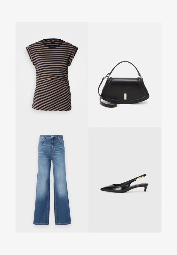 Striped t-shirt in beige and navy, featuring a round neckline, short sleeves, and a gathered side detail. Made from soft, stretchy fabric.; Light blue denim wide-leg jeans with a high waistband, featuring five pockets, belt loops, and a subtle fade effect towards the hem.; Black leather slingback heels with a pointed toe, featuring a slim heel and a gold-tone accent on the adjustable strap. Smooth texture.; Black leather handbag with a structured design, featuring a cropped shape, top handle, and gold hardware accent. Adjustable shoulder strap included.