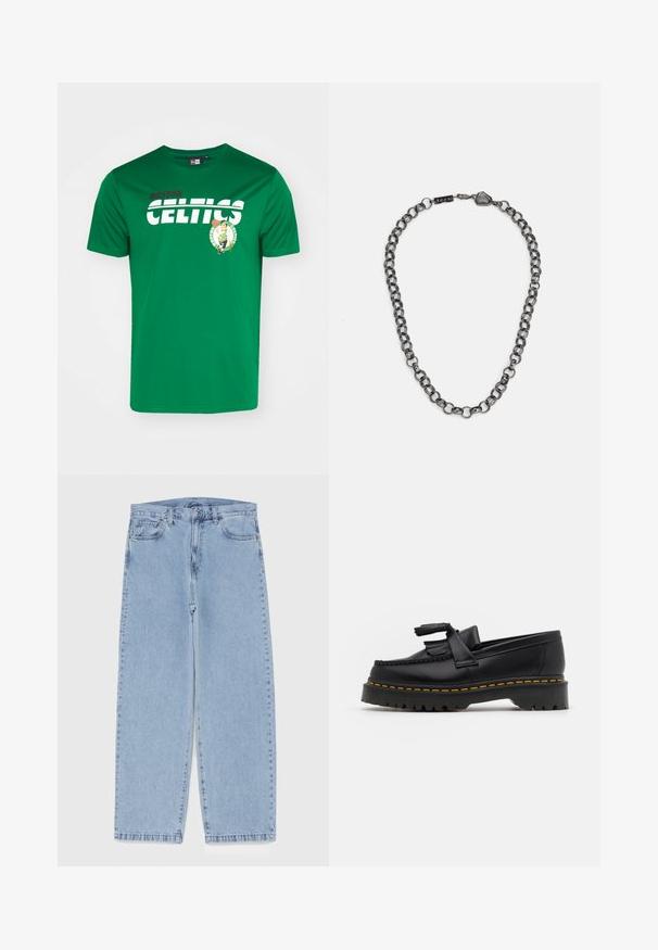 Zöld, rövid ujjú póló, amelyen a "BOSTON CELTICS" felirat fehér és piros színben található. Egy grafikát is tartalmaz, amelyen egy kobold kosárlabdát tart.; Világoskék farmernadrág egyenes szárú kivitelben, közepes derékkal, öt zsebbel, gombos és cipzáros záródással.; Fekete bőr mokaszin, rojtos díszítéssel, masszív fekete talppal és sárga varrással az élén. Texturált felület.; Fém lánc nyaklánc, hosszúkás szemekkel, sötét fényfém színben. Geometrikus díszítéssel és márkázott kapoccsal rendelkezik.