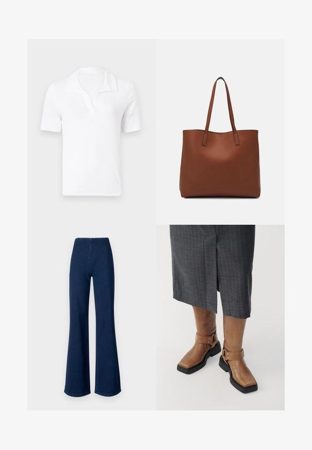Weißes Baumwoll-Polohemd mit Kragen, kurzen Ärmeln und leichtem V-Ausschnitt. Angenehme Textur, einfaches und minimalistisches Design.; Dunkelblaue, aus Denim gefertigte Schlagjeans mit elastischem Bund. Sie zeichnen sich durch eine glatte Textur und ein weites Beindesign bis zum Saum aus.; Braune Lederknief boots mit quadratischer Spitze, schwarzem Gummisohle und verstellbarem Riemen mit Schnalle. Tragen mit einem grauen Nadelstreifenrock.; Braune Leder-Tote mit glatter Textur, offenem Oberteil und zwei Schulterriemen. Verfügt über minimale Nähte und keine sichtbaren Beschläge.