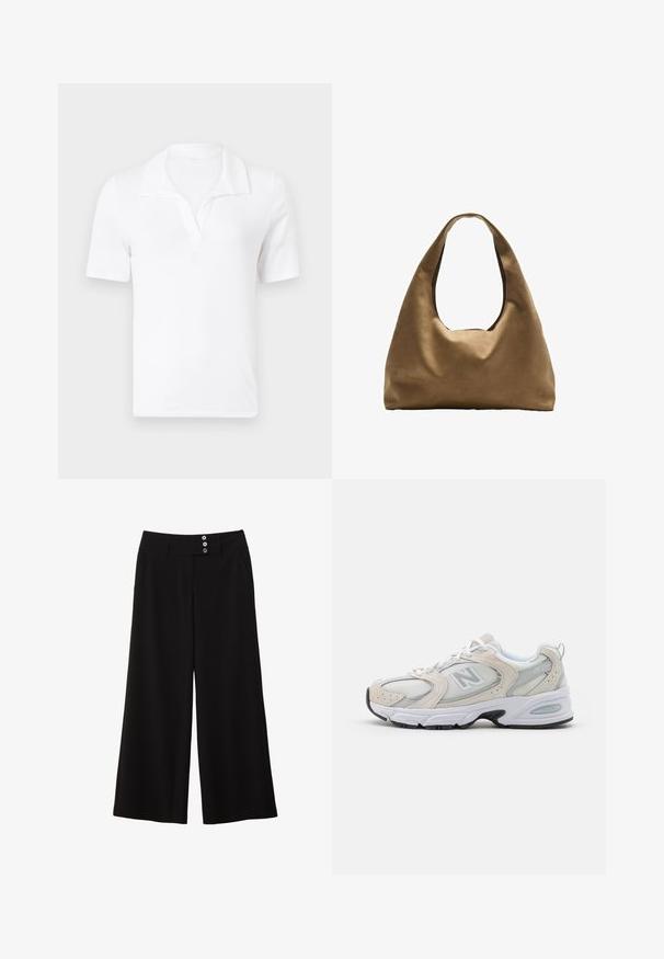 Valkoinen puuvillapolo-paita, jossa on kauluksellinen kaula, lyhyet hihat ja lievä v-aukko. Sujuva rakenne, yksinkertainen ja minimalistinen ilme.; Mustat leveälahkeiset housut, joissa on tasainen vyötärö, etuosassa kaksi nappikoristetta ja sivutaskut toiminnallisuutta varten. Suora pinta.; Urheilusandaalit, joissa on vaaleanharmaa verkkopäällinen nahkapainatuksilla, valkoiset nauhat ja musta kumipohja. Huomiota herättävä ABZORB-vuorauksen yksityiskohta.; Ruskea kangaskassi, jossa on leveä, pyöristetty muoto ja suuri leikattu kahva. Pehmeä pinta, minimalistinen muotoilu ja ei näkyvää metalliosaa.