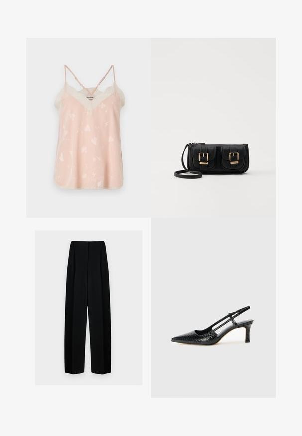 Helle rosa Spaghettitop mit Spitzenbesatz, V-Ausschnitt und Spaghettiträgern, verziert mit dezenten Herz- und Blitzmustern.; Schwarze weit geschnittene Hosen mit hoher Taille, die Falten und eine glatte Textur aufweisen. Der Stoff wirkt leicht und fällt elegant.; Schwarze Lack-Slingback-Pumps mit spitzem Zehenbereich, versehen mit strukturiertem Schlangenprint, verstellbarem Riemen und einem kurzen, strukturierten Blockabsatz.; Schwarze Leder-Umhängetasche mit zwei vorderen Taschen, goldenen Schnallen, Reißverschluss und einem schmalen Tragegurt. Texturierte Oberfläche und kompakte rechteckige Form.