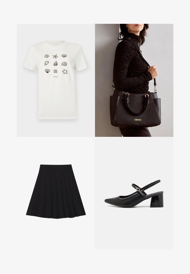White cotton t-shirt featuring various ocean-themed outlines, including starfish, shells, and waves, arranged in a grid pattern.; Black pleated skirt made of textured fabric with a fitted waistband. Falls to knee length, featuring a smooth, clean silhouette.; Black patent leather slingback heels with a pointed toe, a rounded cutout design, and a block heel. Features a gold-tone buckle accent.; Black handbag with textured surface, dual top handles, and adjustable shoulder strap. Features gold-tone hardware and side pockets.