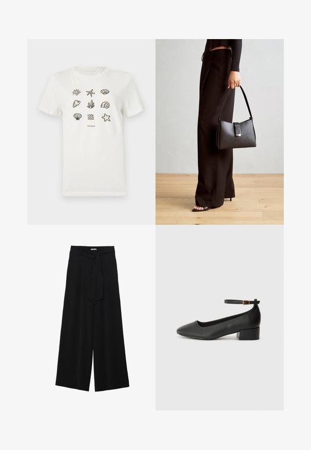 Hvid bomulds t-shirt med forskellige ocean-tema omrids, herunder søstjerner, muslinger og bølger, arrangeret i et gittermønster.; Sorte vide bukser i en tekstureret stofkvalitet, med elastisk talje og et aftageligt bånd i taljen for justerbar pasform.; Sorte læderpumper med spids tå og en lav blokhæl. Har en ankelrem med en guldfarvet spænde. Glat tekstur.; Sort håndtaske med struktureret form, glat overflade og metalspænde. Sammen med brede sorte bukser og sandaler med åben tå på trægulv.