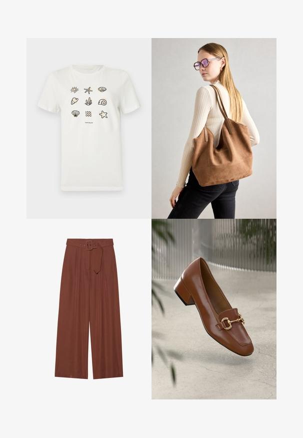 White cotton t-shirt featuring various ocean-themed outlines, including starfish, shells, and waves, arranged in a grid pattern.; Wide-leg trousers in brown fabric, featuring a belt with a square buckle, pleated design, and smooth texture.; Brown patent leather loafer with square toe, metallic chain accent, and low block heel; smooth texture, minimalist design.; Brown suede tote bag with soft texture, large opening, and long straps. Features a simple design with visible stitching and no hardware.