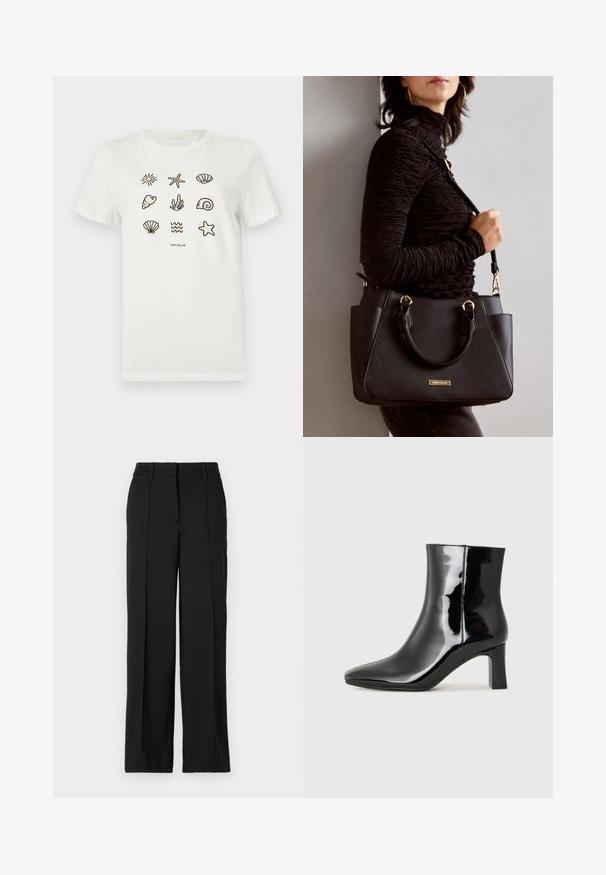 T-shirt en coton blanc avec divers motifs inspirés de l'océan, comprenant des étoiles de mer, des coquillages et des vagues, disposés en motif de grille.; Pantalons noirs à jambe droite, dotés de deux plis avant, d'une taille et sans poches ni embellissements visibles.; Bottines en cuir verni noir avec un bout pointu et un talon block de hauteur moyenne. Texture lisse et design minimaliste.; Sac à main noir avec surface texturée, deux poignées supérieures et bandoulière réglable. Doté de quincaillerie dorée et de poches latérales.