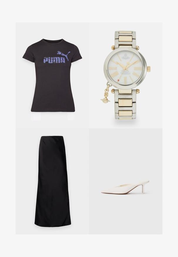 Černé tričko vyrobené z bavlny s krátkým rukávem. Na přední straně se nachází fialové maskáčové logo Puma, kulatý výstřih a přiléhavý střih.; Norma Kamali BIAS OBIE SKIRT - Maxi sukně - black; Bílé muly s špičatou špičkou a nízkým jehlovým podpatkem. Vyrobené z hladkého materiálu s minimalistickým designem a jemným detailním pro tanovou podrážku.; Kulaté hodinky se stříbrno-zlatým kovovým náramkem, bílým ciferníkem, římskými číslicemi, zlatými ručičkami a ozdobným přívěskem.