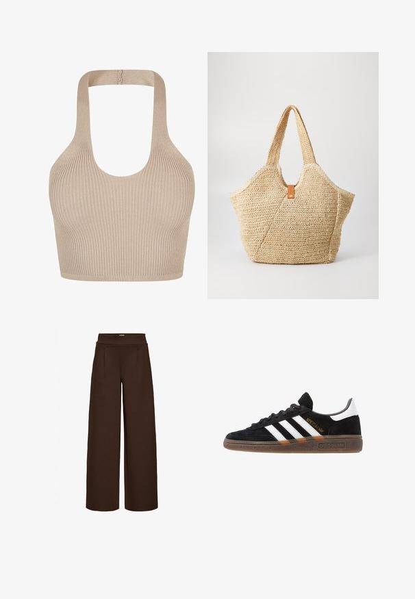 Ribakudu kudumine beezis bralette, millel on ümar kaelus, laiad rihmad ja toetav ning mugav sobivus. Sile tekstuur, ilma kaunistusteta.; Pruunid laiade jalgadega püksid, mis on valmistatud siledast kangast, kõrge vöökoht ja kaks esistarti, loodud mugavaks istuvuseks.; Mustad must Adidas'i sneaker valgete triipudega, kuldse "Spezial" tekstiga, kummi tallaga ja valge kontsaga, kujutatud külgvaates.; Suur õlgkott, millel on tekstureeritud beež välimus ja kaks laia sang. Omab nahast kaunistusrihma sulgemiseks.