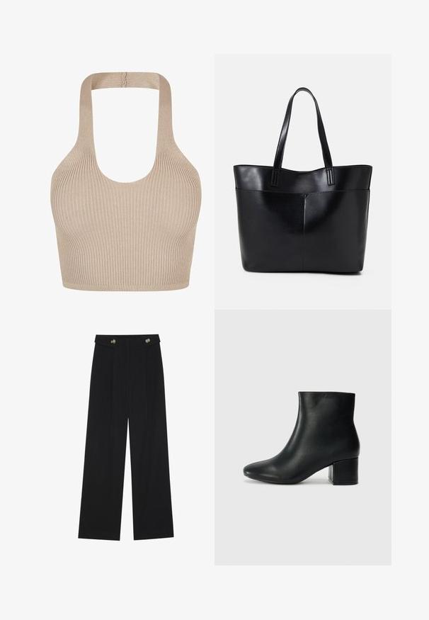Ribbed knit bralette in beige with a scoop neckline, wide straps, and a fitted design for support and comfort. Smooth texture with no embellishments.; Black wide-leg trousers with high waist, button details on waistband, and front pleats.; Black leather ankle boots with a pointed toe and a chunky heel. Smooth texture with minimal accents and a sleek, fitted design.; Black leather tote bag with two long handles, a smooth texture, and a structured shape. Features a front pocket for additional storage.