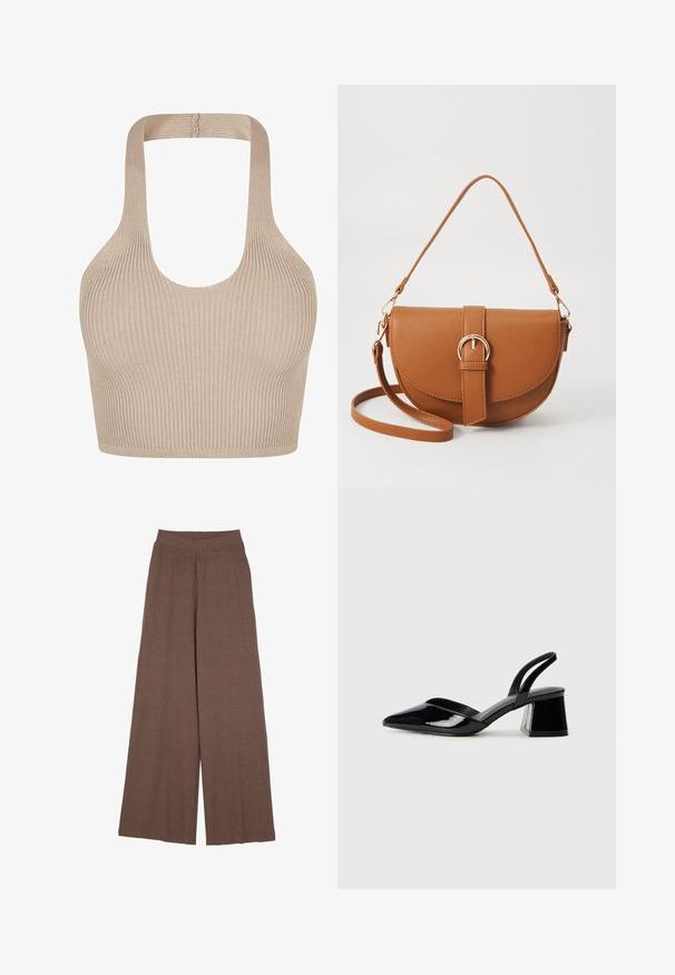 Bralette de punto acanalado en beige con escote redondeado, tirantes anchos y un diseño ajustado para soporte y comodidad. Textura suave sin adornos.; Pantalones de pierna ancha hechos de una tela texturizada y acanalada en un cálido color marrón. Presentan una cinturilla sin costuras y una silueta fluida.; Zapatos de tacón slingback de charol negro con punta afilada y tacón geométrico en bloque. Presentan un diseño elegante y minimalista, así como una textura suave.; Bolso bandolera de cuero marrón con forma curvada, herrajes dorados y un acento de hebilla. Incluye una correa de hombro desmontable.