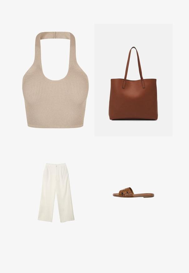Bralette a costine in beige con scollatura a forma di barco, spalline larghe e design aderente per supporto e comfort. Tessuto liscio senza decorazioni.; Pantaloni a gamba larga in tessuto crema con una texture liscia, caratterizzati da un singolo bottone frontale, pieghe sottili e un design a vita alta.; Sandalo in pelle marrone con fasce incrociate, suola piatta e una texture liscia. Design semplice senza decorazioni o motivi.; Borsa tote in pelle marrone con texture liscia, design con apertura superiore e due spallacci. Presenta cuciture minime e nessun hardware visibile.