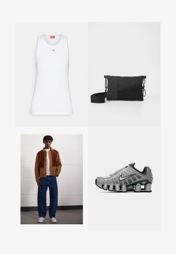Camiseta branca de alças feita de tecido liso. Apresenta um decote redondo e um pequeno logótipo vermelho "D" ao centro.; Homem de pé dentro de casa, vestindo um casaco de veludo cotelê castanho com mancha de ferrugem, uma t-shirt branca, jeans azuis largos e sapatilhas brancas.; Sapatilha de corrida Nike cinza e preta com um sistema de amortecimento semelhante a molas visível sob a sola e um logo swoosh branco na lateral.; Bolsa preta de ombro feita de tecido texturizado, com um design diagonal, alça ajustável e fechos de cordão nas laterais.