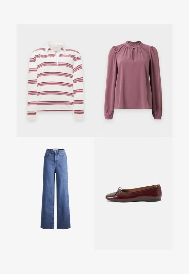 Langarm-Poloshirt in Weiß mit horizontalen burdeos- und rosa Streifen, das einen kontrastierenden Kragen und eine Knopfleiste für einen offenen Halsausschnitt aufweist.; Langärmlige mauve Bluse mit gerafftem Kragen, Schlüsselloch-Ausschnitt mit Knopfverschluss und leicht gepufften Schultern.; Helleblaue Denim-Weite-Leg-Jeans mit hoher Taille, zwei vorderen Taschen und sichtbarer Naht. Mit Knopf- und Reißverschluss.; Burgunderfarbenes, lackiertes Ballettschuh mit abgerundetem Zehenbereich, kleiner Schleifenakzent vorne und einer niedrigen, schwarzen Gummisohle. Glatte Textur.