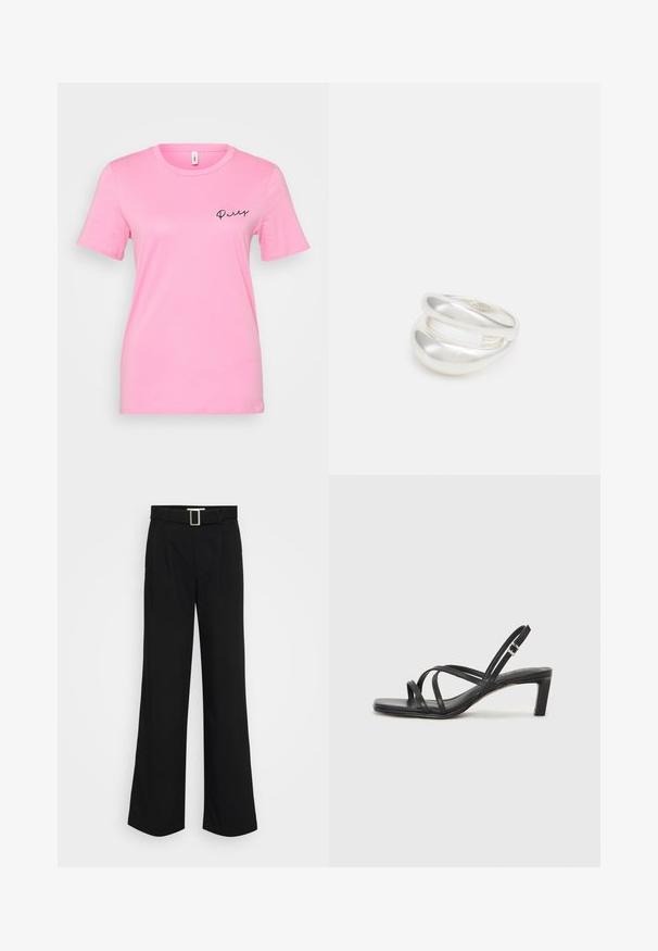 Roze pamučna majica s kratkim rukavima, okruglim izrezom i crnim vezom koji glasi "Party" s lijeve strane.; Crne široke hlače od laganog materijala, s glatkom teksturom, prednjim plisiranim detaljima i remenom sa kvadratnom metalnom kopčom.; Crne sandale s trakama, kvadratnim prstom i niskom blok petom. Ima više tankih trakica i podesivu trakicu oko gležnja. Izrađene su od glatke kože.; Srebrna dvostruka prsten s glatkom, poliranom površinom. Karakterizira ga fluidan, zakrivljen dizajn s preklapajućim sekcijama za moderan izgled.